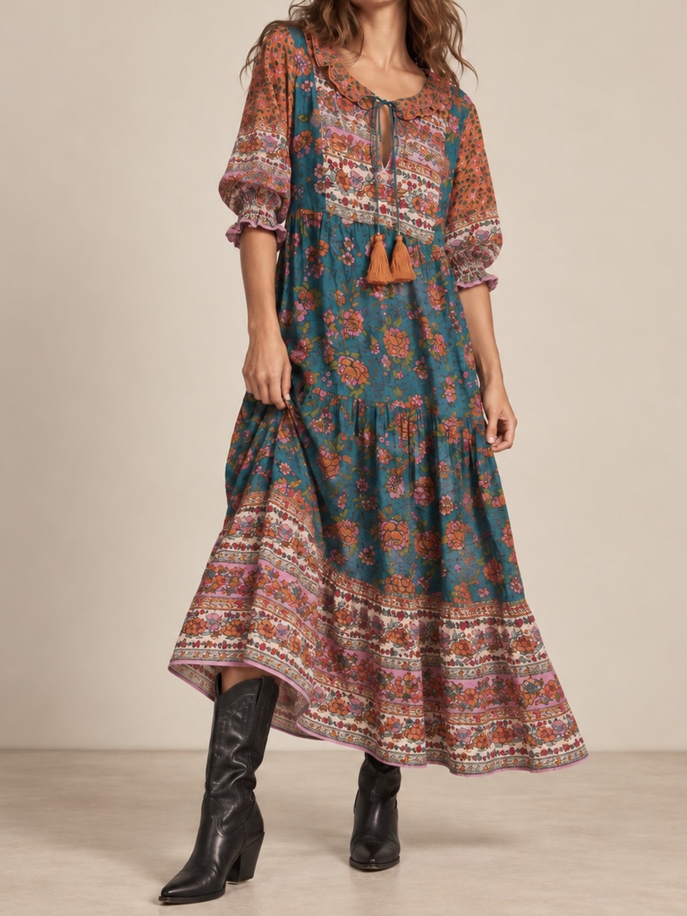 NATURAL LIFE Teal Floral Patchwork Maxi Dress with Rust Accents Size M